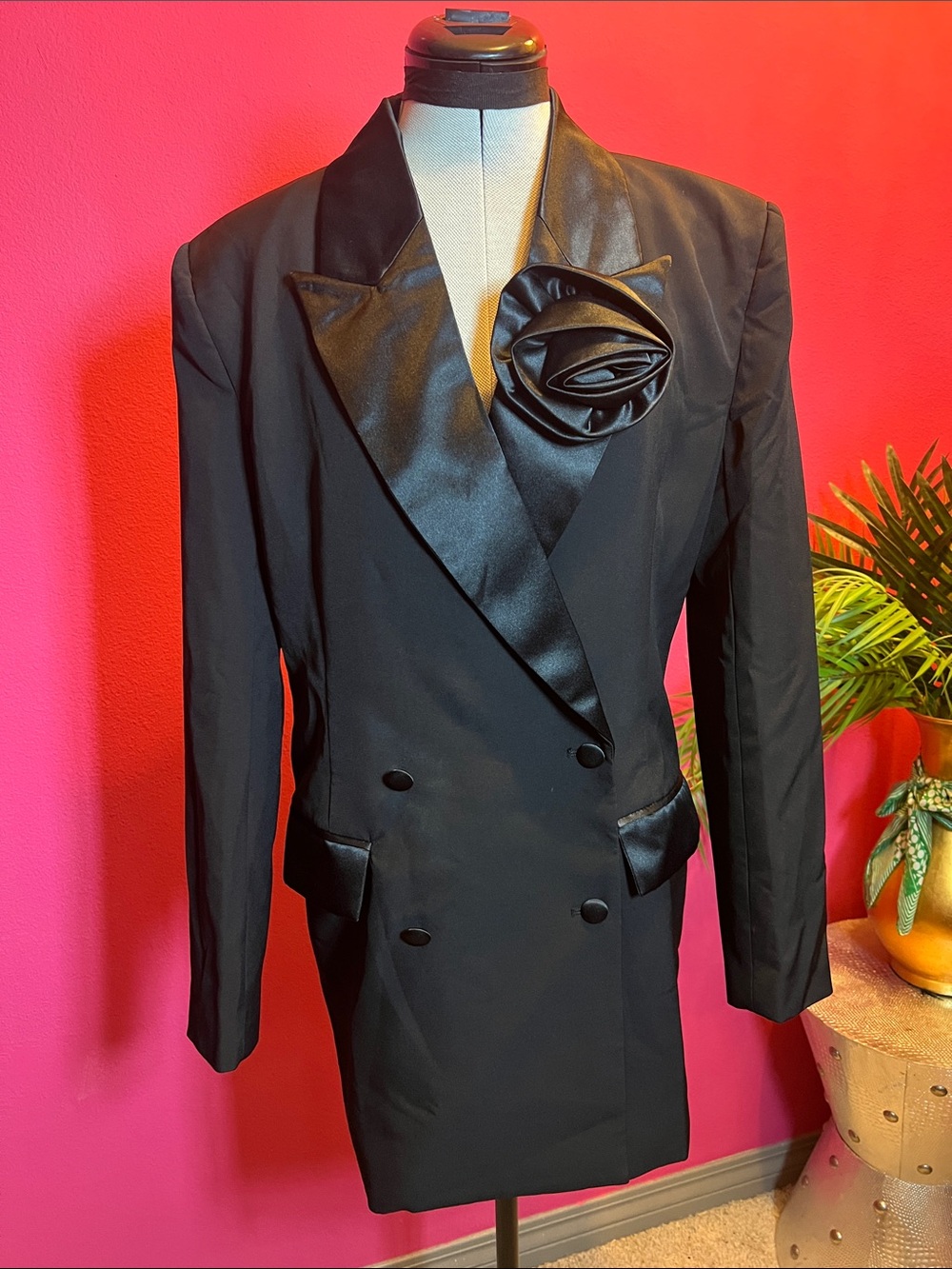 Black Satin-Trim Double-Breasted Blazer Dress with Rosette